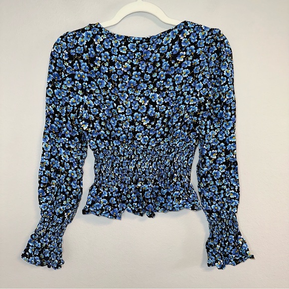 Just Polly - Micro Floral Ruched Ruffle Blouse - Picture 2 of 5